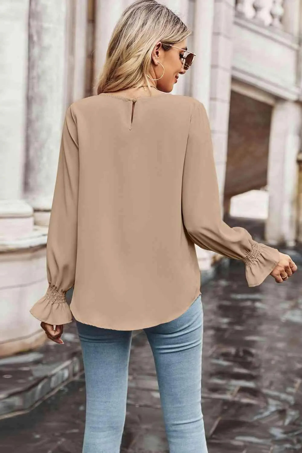 Round Neck Long Flounce Sleeve Blouse Blouses - Tophatter Daily Deals