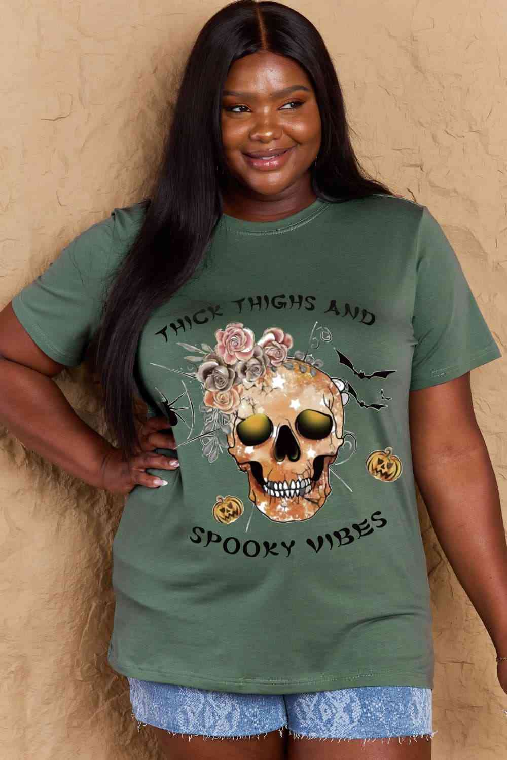 Simply Love Full Size THICK THIGHS AND SPOOKY VIBES Graphic Cotton T-Shirt Women's T-Shirts - Tophatter Daily Deals