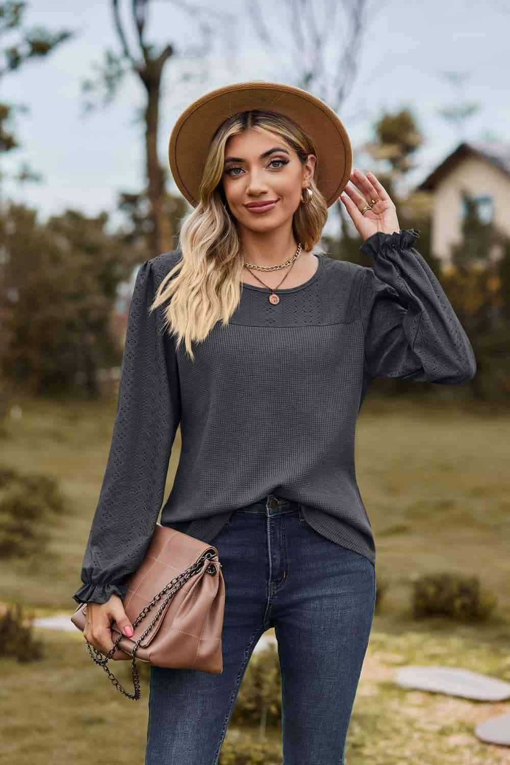 Round Neck Puff Sleeve Blouse Charcoal Blouses - Tophatter Daily Deals