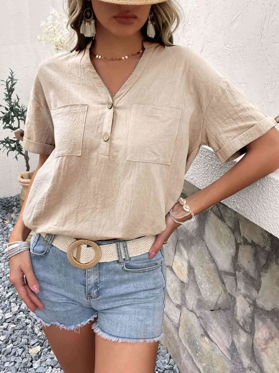 Buttoned Notched Neck Cuffed Sleeve Blouse Blouses - Tophatter Daily Deals