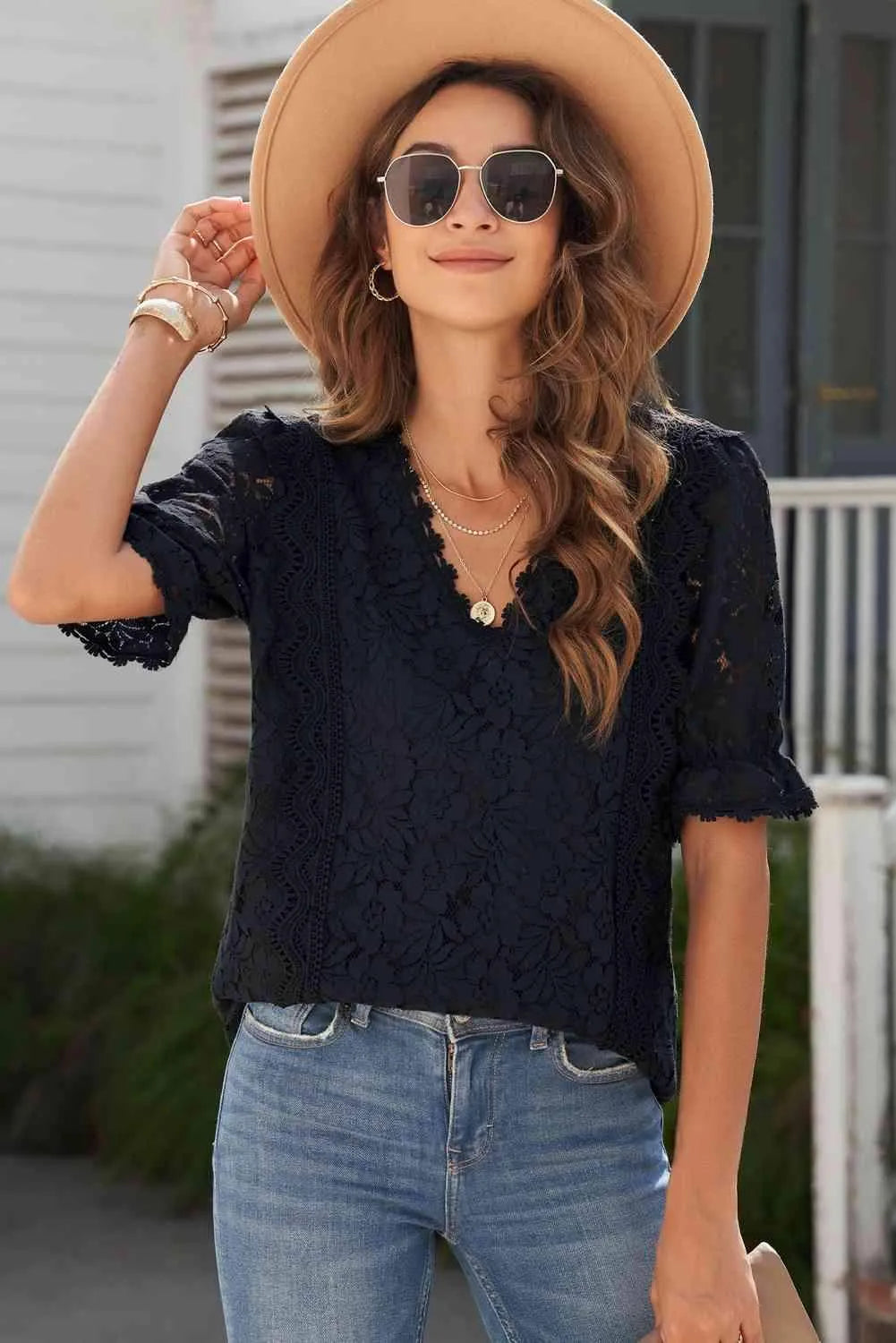 Lace V-Neck Flounce Sleeve Top Blouses - Tophatter Daily Deals