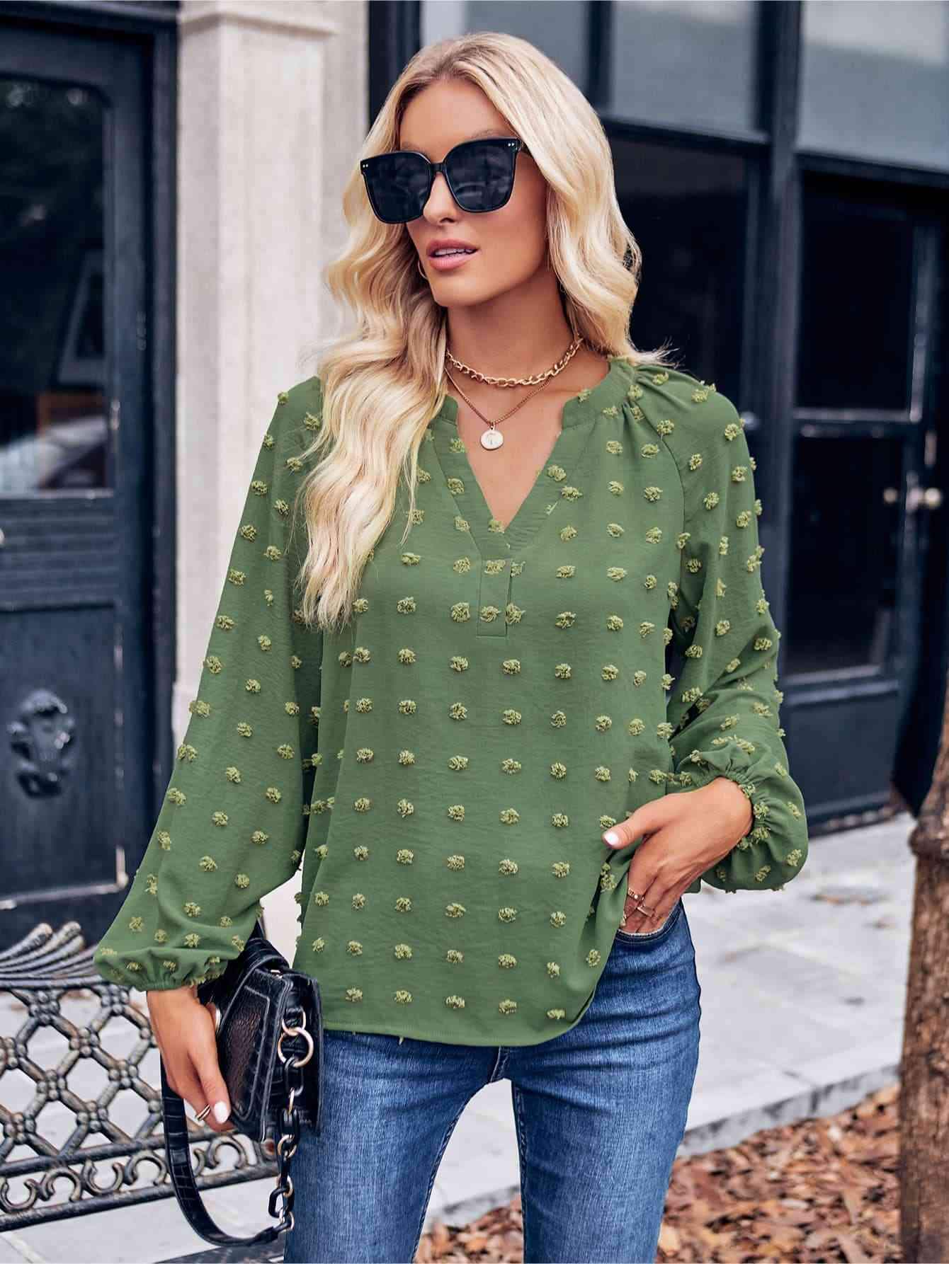 Swiss Dot Notched Neck Long Sleeve Blouse Green Blouses - Tophatter Daily Deals