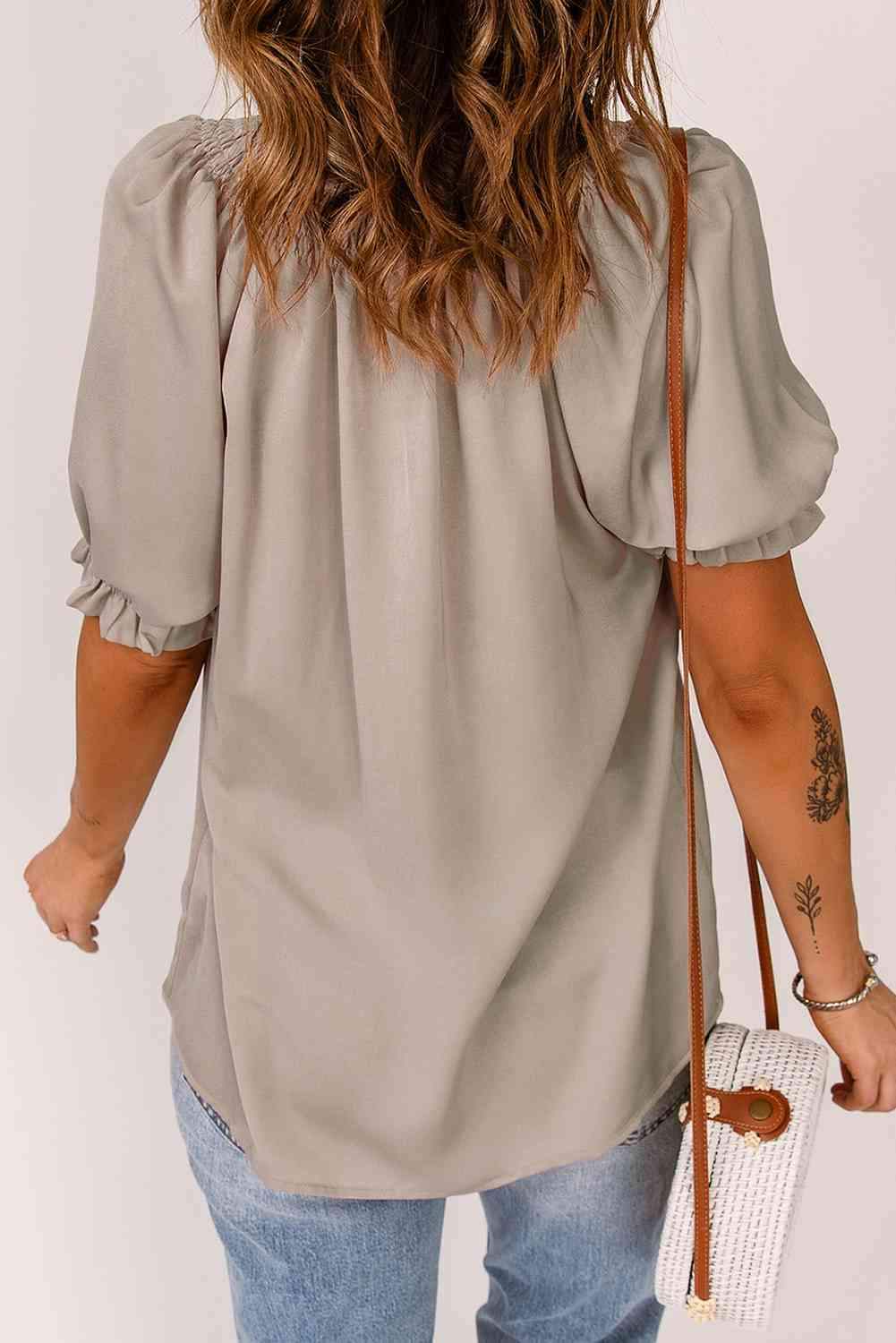 Smocked Frill Trim Flounce Sleeve Blouse Blouses - Tophatter Daily Deals