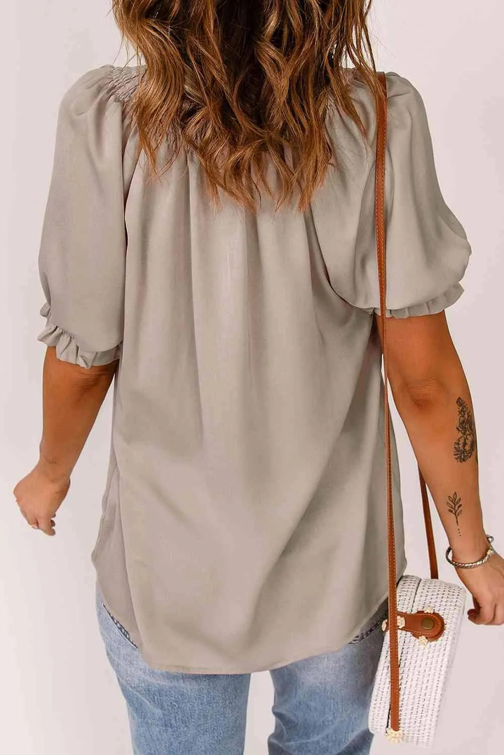 Smocked Frill Trim Flounce Sleeve Blouse Blouses - Tophatter Daily Deals