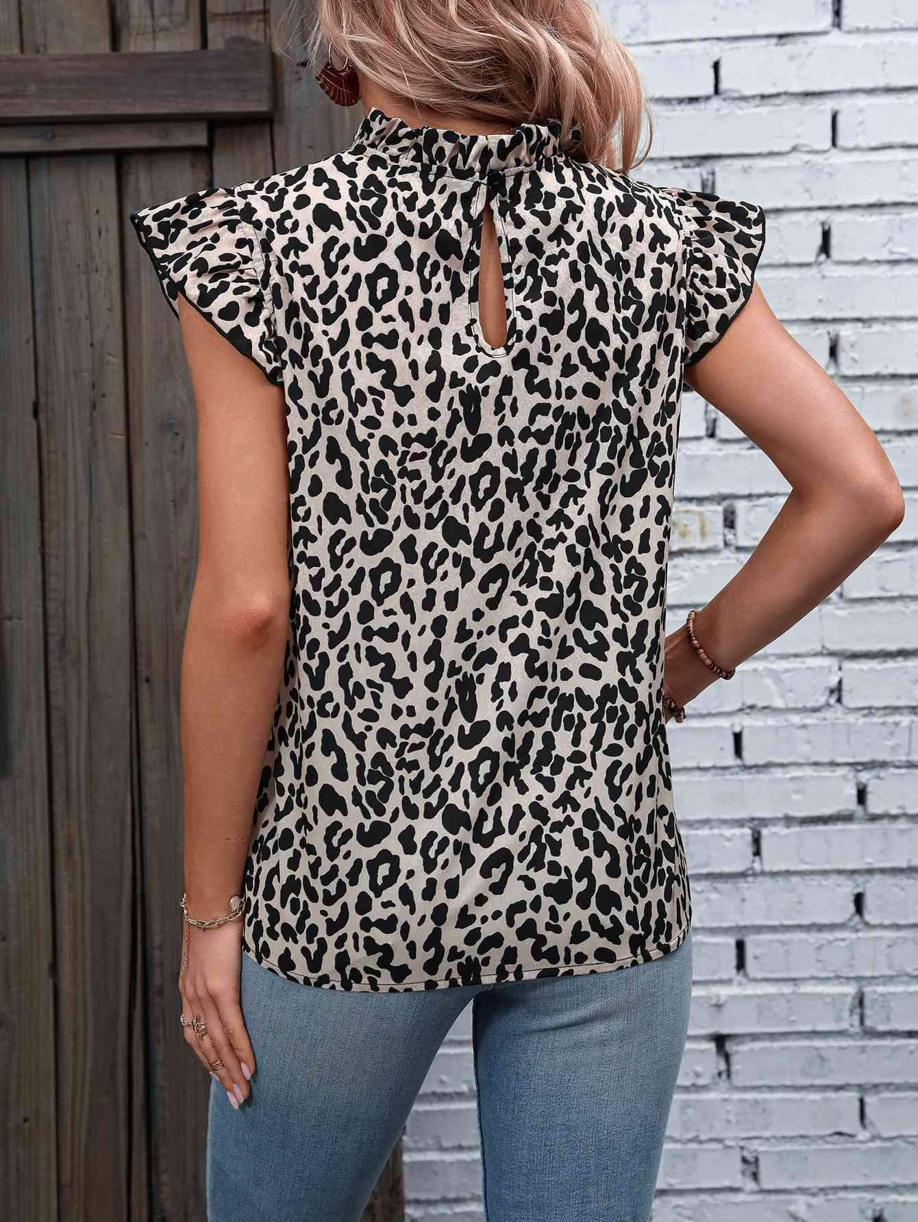 Leopard Mock Neck Butterfly Sleeve Blouse Blouses - Tophatter Daily Deals