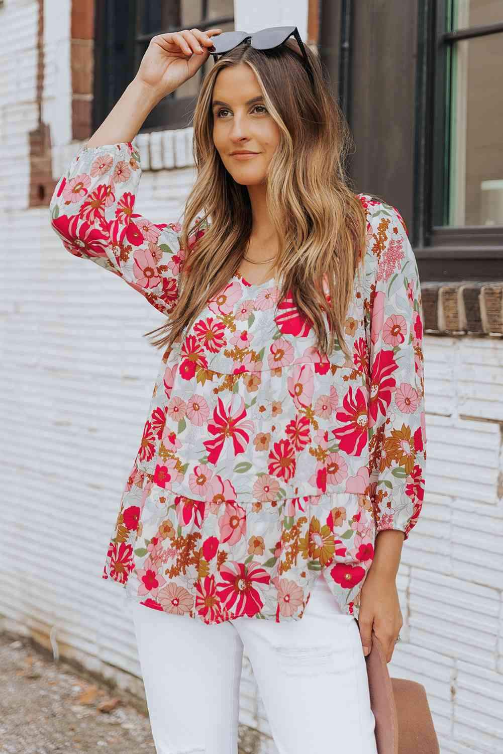 Floral V-Neck Tiered Babydoll Blouse Floral Blouses - Tophatter Daily Deals