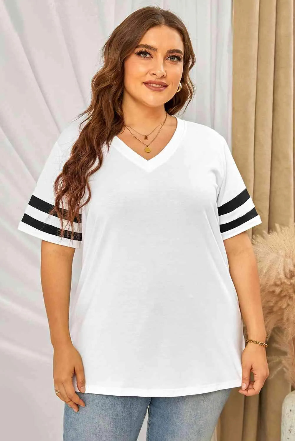 Plus Size Striped V-Neck Tee Shirt Women's T-Shirts - Tophatter Daily Deals