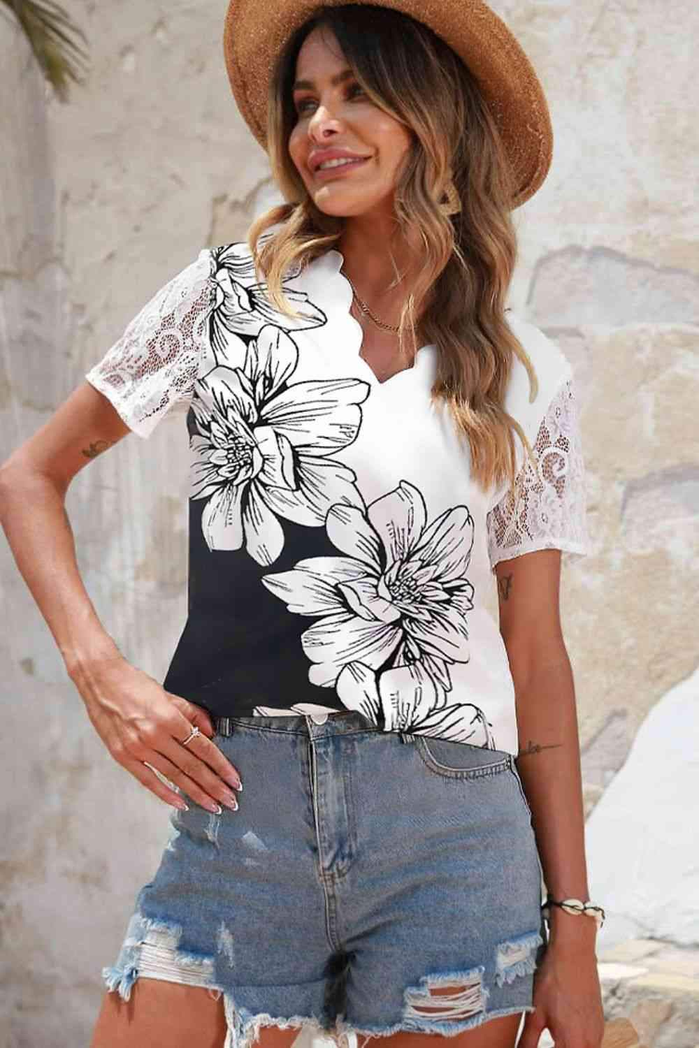 Floral Graphic Scalloped V-Neck Top Blouses - Tophatter Daily Deals