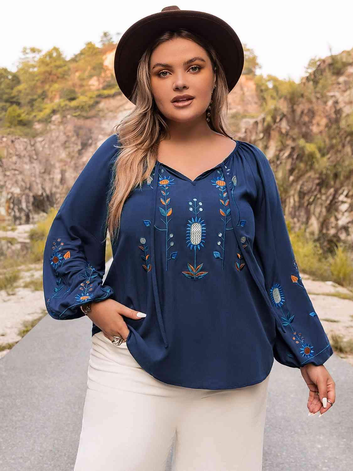 Plus Size Tie Neck Balloon Sleeve Top Peacock Blue Blouses - Tophatter Daily Deals