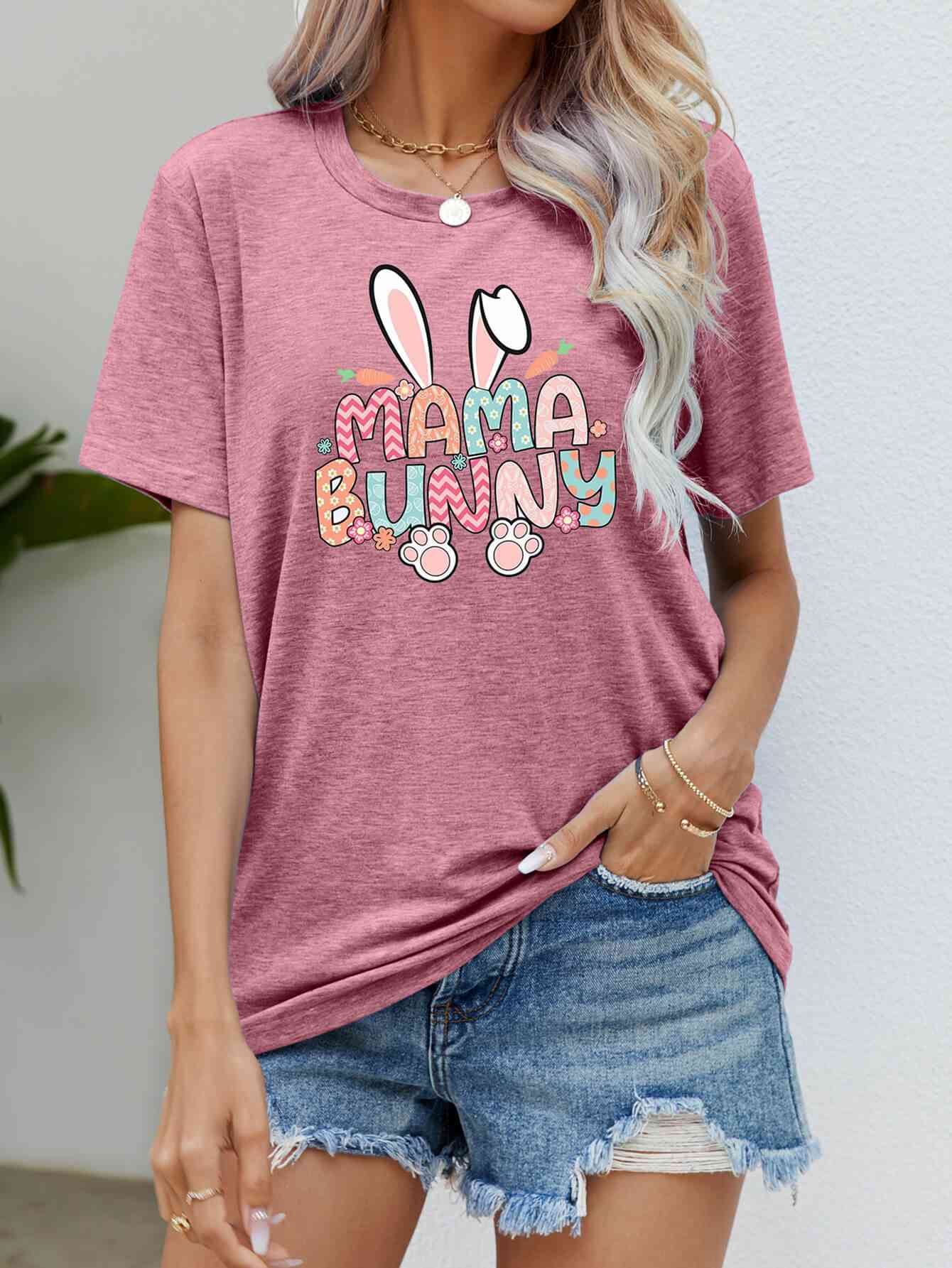 MAMA BUNNY Easter Graphic Short Sleeve Tee Rouge Pink Women's T-Shirts - Tophatter Daily Deals