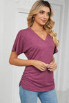 Ruched V-Neck Short Sleeve T-Shirt Women's T-Shirts - Tophatter Daily Deals