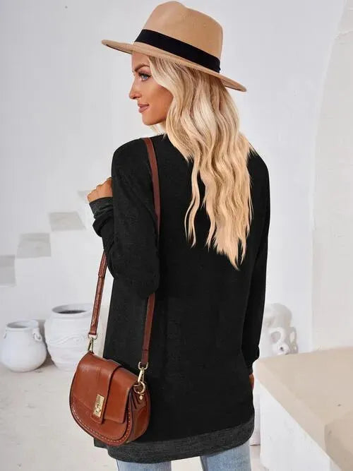 Crochet Contrast V-Neck Long Sleeve Slit T-Shirt Women's T-Shirts - Tophatter Daily Deals