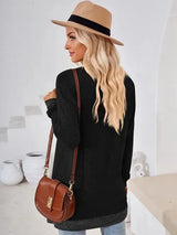Crochet Contrast V-Neck Long Sleeve Slit T-Shirt Women's T-Shirts - Tophatter Daily Deals