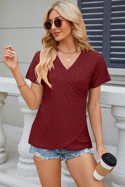 Eyelet Surplice Short Sleeve T-Shirt Women's T-Shirts - Tophatter Daily Deals