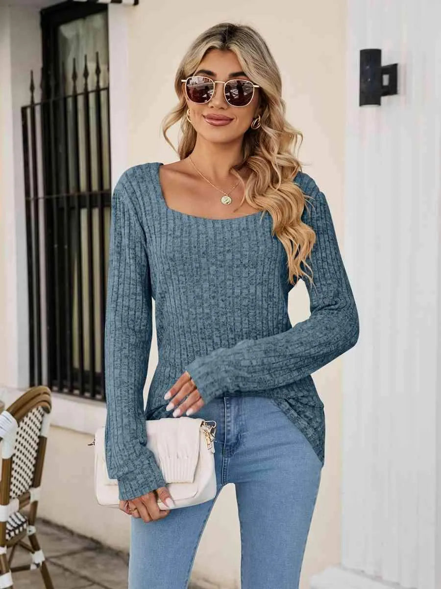 Square Neck Ribbed Long Sleeve T-Shirt Women's T-Shirts - Tophatter Daily Deals