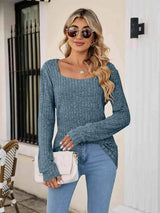 Square Neck Ribbed Long Sleeve T-Shirt Women's T-Shirts - Tophatter Daily Deals