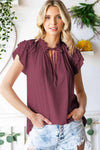 Tie-Neck Flutter Sleeve Blouse Wine Blouses - Tophatter Daily Deals