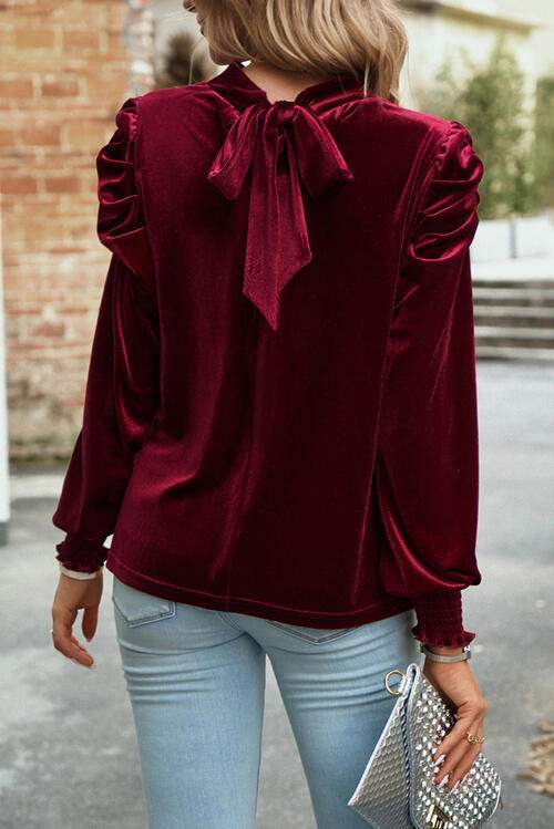 Tie Up Mock Neck Velvet Fabric Long Sleeve Blouse Blouses - Tophatter Daily Deals