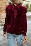 Tie Up Mock Neck Velvet Fabric Long Sleeve Blouse Blouses - Tophatter Daily Deals