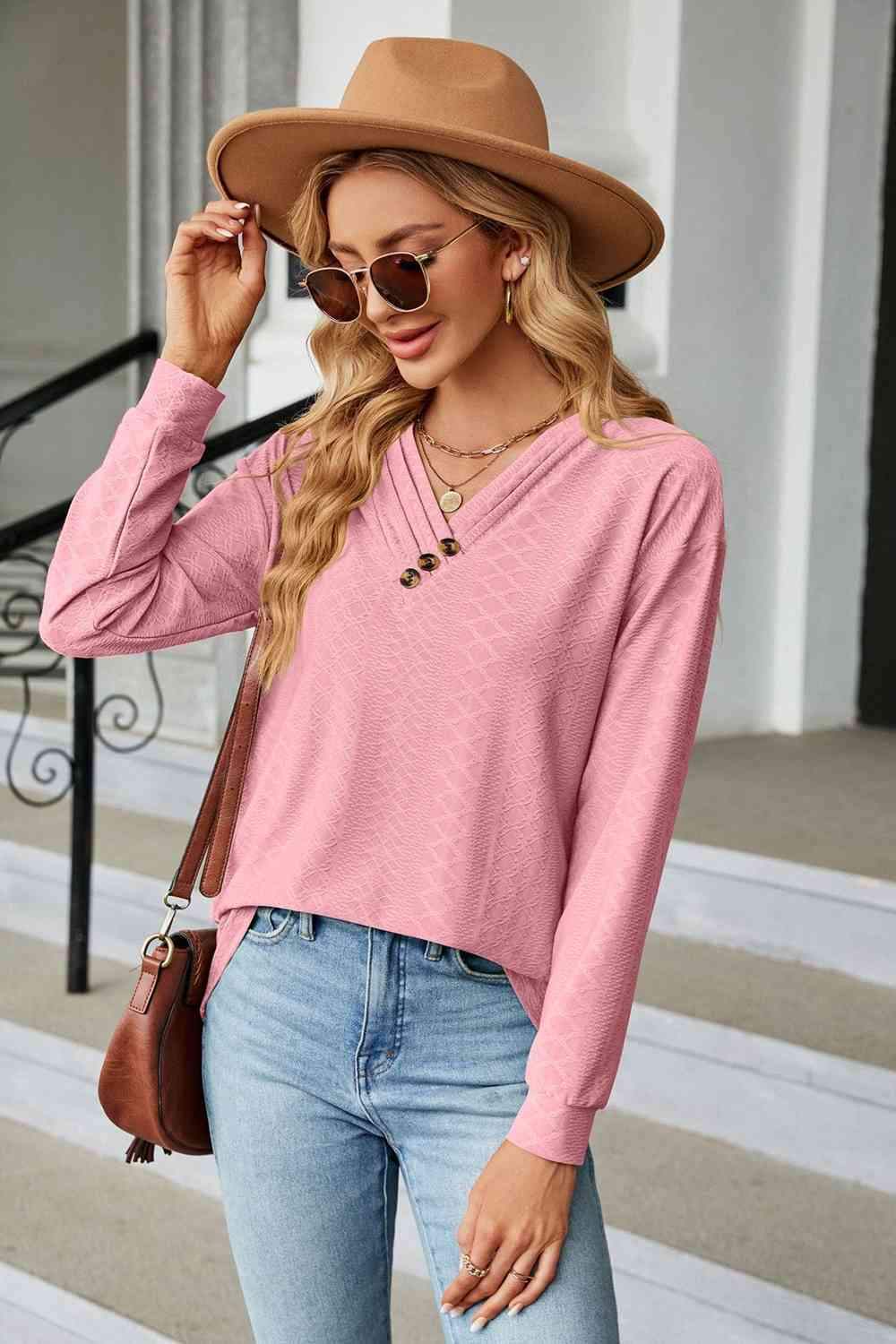 V-Neck Long Sleeve Blouse Blouses - Tophatter Daily Deals