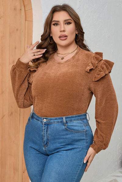 Plus Size Ruffled Round Neck Long Sleeve T-Shirt Women's T-Shirts - Tophatter Daily Deals