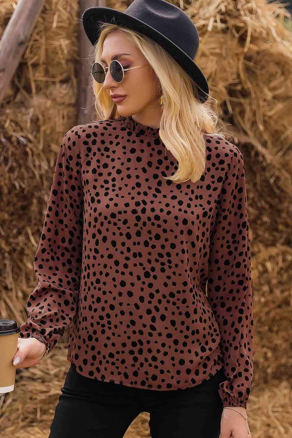 Printed Round Neck Long Sleeve Blouse Burnt Umber Blouses - Tophatter Daily Deals