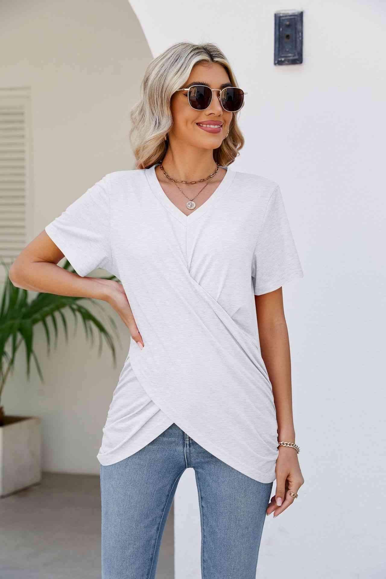 V-Neck Crisscross Short Sleeve Tee Women's T-Shirts - Tophatter Daily Deals