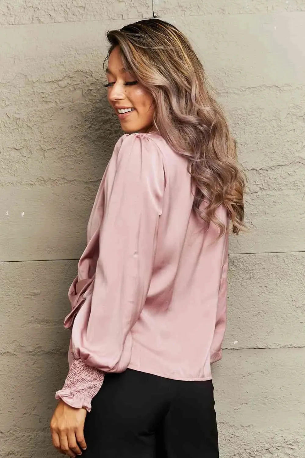 Surplice Neck Ruched Lantern Sleeve Blouse Blouses - Tophatter Daily Deals
