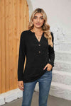 Notched Neck Long Sleeve T-Shirt Black Women's T-Shirts - Tophatter Daily Deals