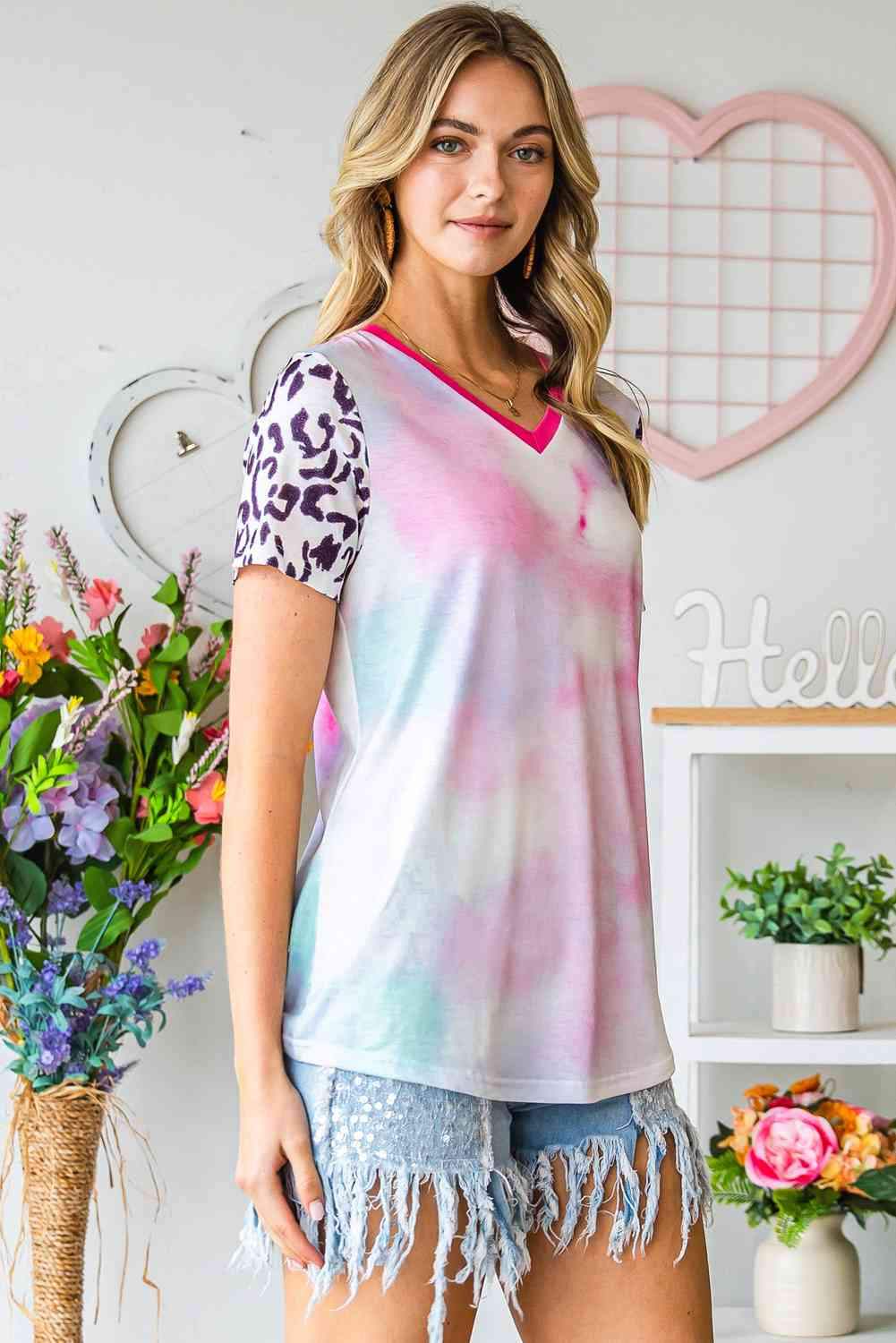 Tie-Dye Leopard V-Neck Tee Women's T-Shirts - Tophatter Daily Deals