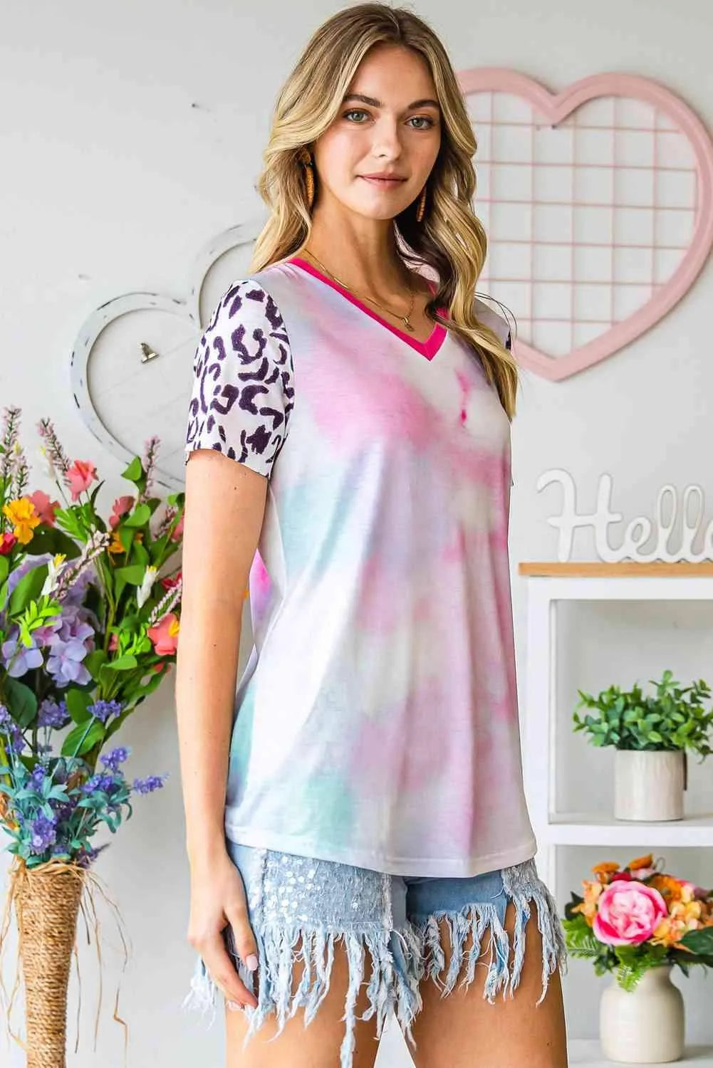 Tie-Dye Leopard V-Neck Tee Women's T-Shirts - Tophatter Daily Deals
