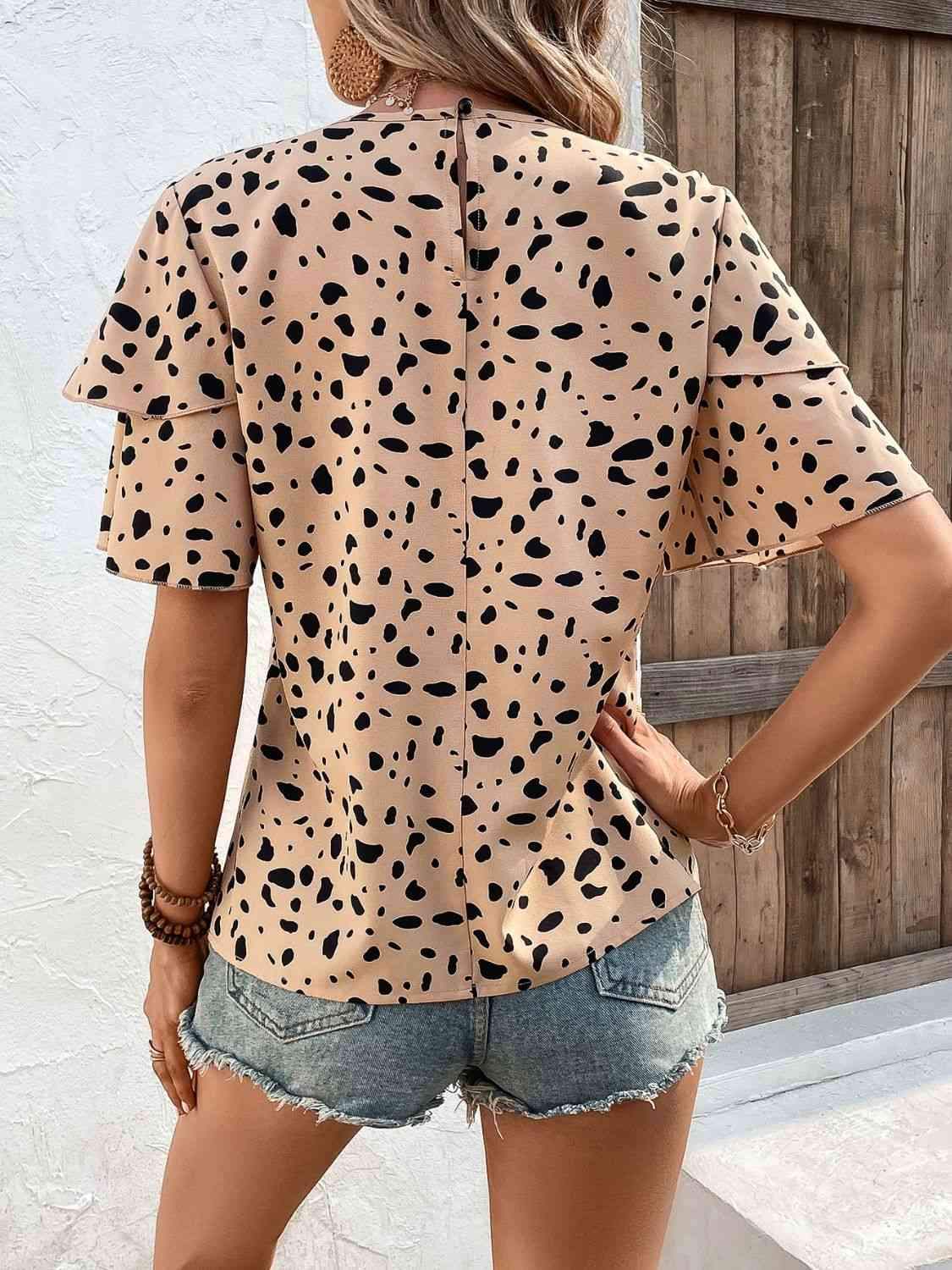 Printed Round Neck Layered Sleeve Blouse Blouses - Tophatter Daily Deals