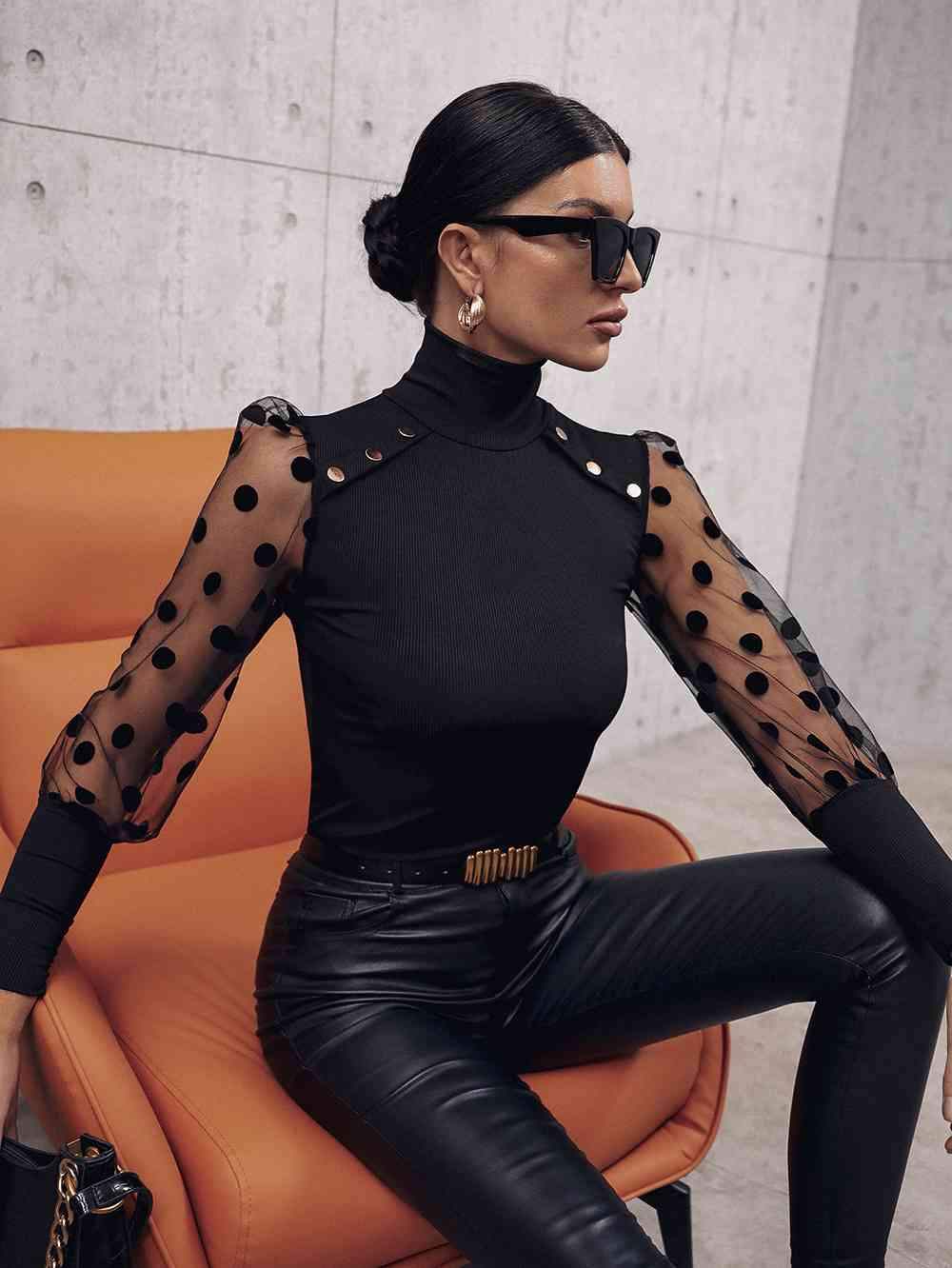 Buttoned Lantern Sleeve Turtle Neck Blouse Blouses - Tophatter Daily Deals