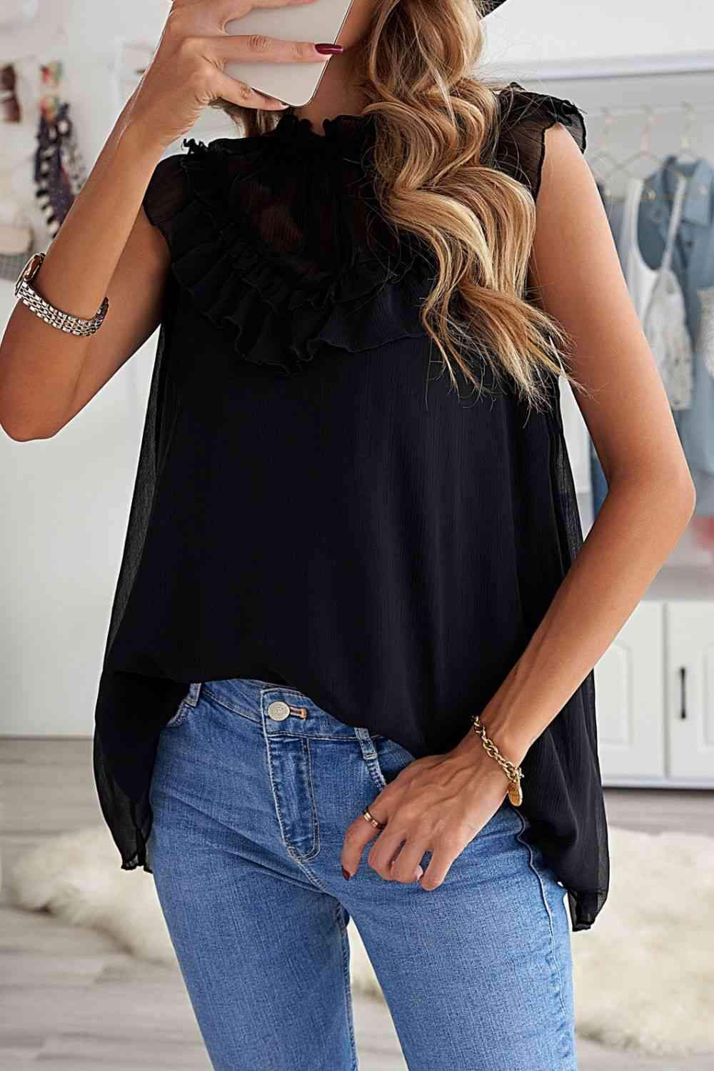 Ruffled Tulle Sleeveless Top Blouses - Tophatter Daily Deals