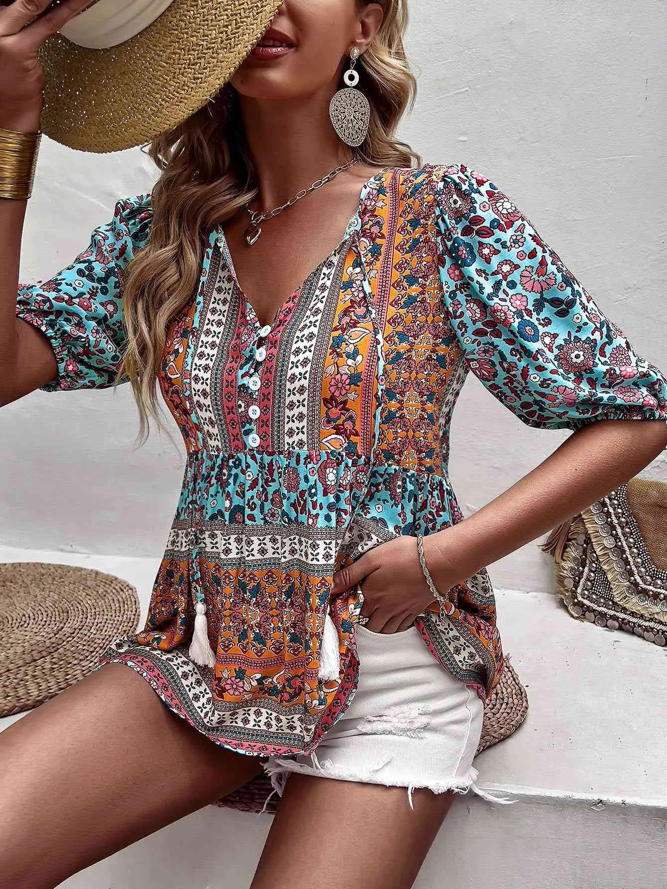 Bohemian Tassel Tie Puff Sleeve Babydoll Blouse Blouses - Tophatter Daily Deals