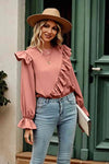 Ruffled Round Neck Long Sleeve Top Blouses - Tophatter Daily Deals