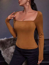 Square Neck Long Sleeve T-Shirt Caramel Women's T-Shirts - Tophatter Daily Deals