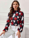 Floral Mock Neck Long Sleeve Blouse Black Blouses - Tophatter Daily Deals