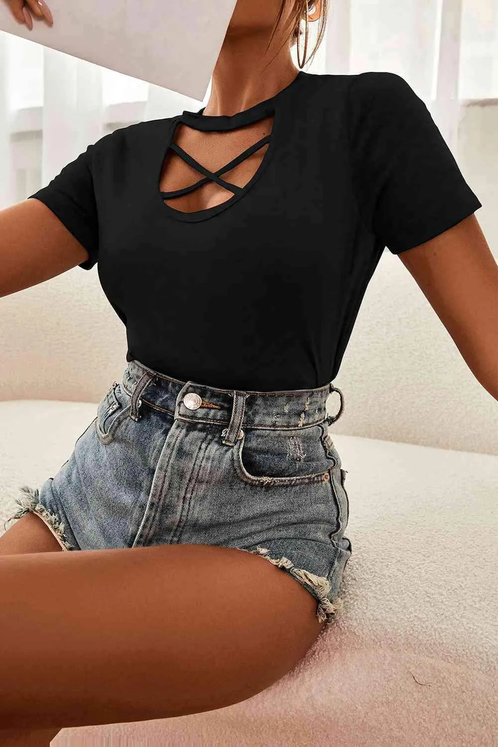 Crisscross Short Sleeve Tee Shirt Blouses - Tophatter Daily Deals