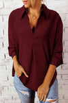 Textured Johnny Collar Three-Quarter Sleeve Blouse Wine Blouses - Tophatter Daily Deals