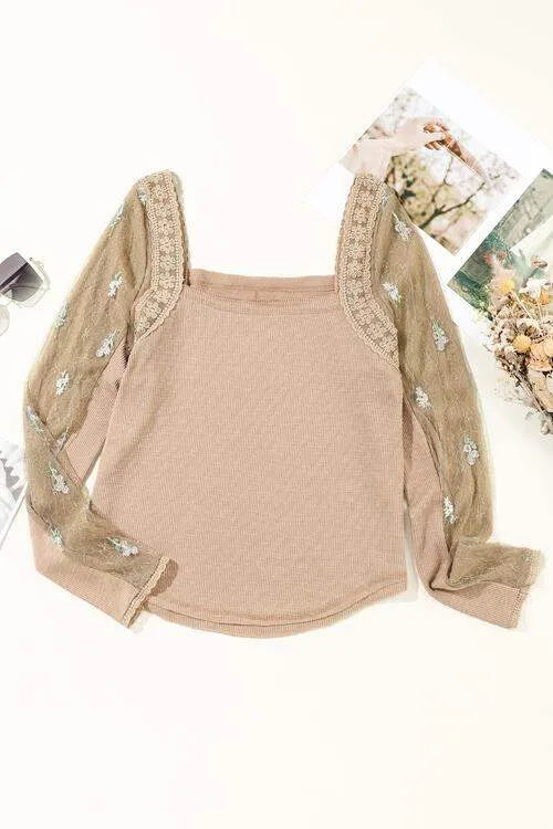 Lace Detail Queen Anne Neck Long Sleeve Blouse Blouses - Tophatter Daily Deals