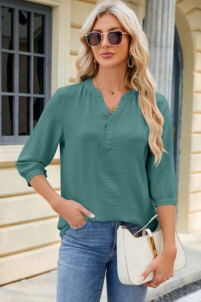 Notched Three-Quarter Sleeve T-Shirt Women's T-Shirts - Tophatter Daily Deals