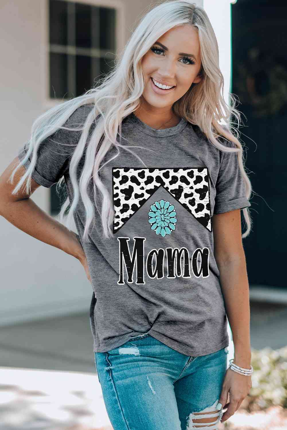 MAMA Graphic Cuffed Sleeve Round Neck Tee Mid Gray Women's T-Shirts - Tophatter Daily Deals