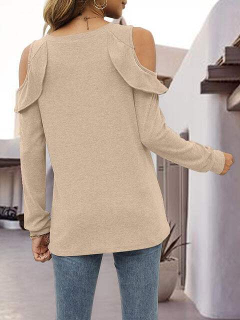 Round Neck Ruffled Cold-Shoulder Blouse Blouses - Tophatter Daily Deals