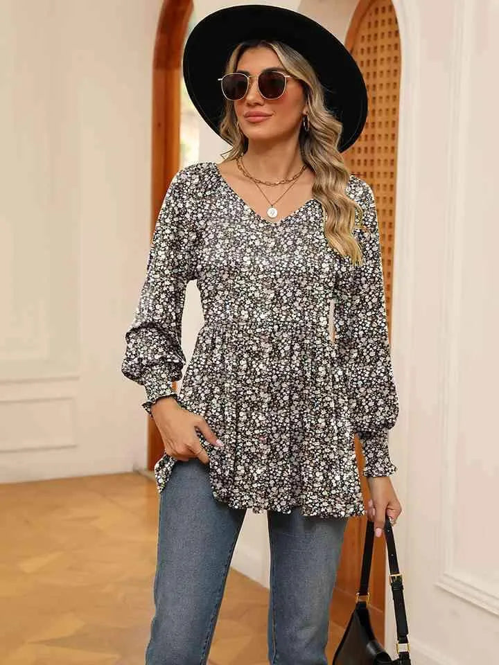 Printed V-Neck Lantern Sleeve Blouse Blouses - Tophatter Daily Deals