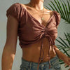 Drawstring Ruched Short Sleeve Cropped Blouse Chestnut Blouses - Tophatter Daily Deals