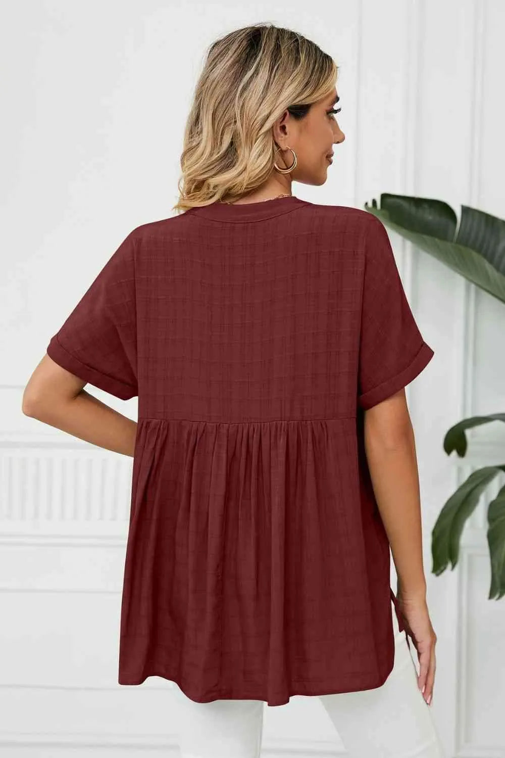 Side Slit Notched Neck Cuffed Short Sleeve Blouse Blouses - Tophatter Daily Deals