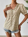 Printed Frill Trim V-Neck Blouse Khaki Blouses - Tophatter Daily Deals