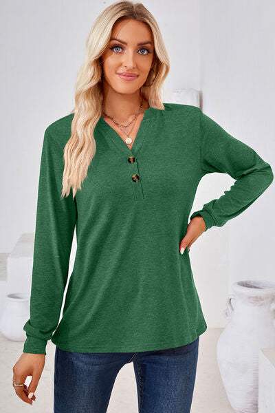 Notched Button Detail Long Sleeve T-Shirt Women's T-Shirts - Tophatter Daily Deals