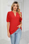 Eyelet Short Puff Sleeve Notched Neck Top Scarlett Blouses - Tophatter Daily Deals